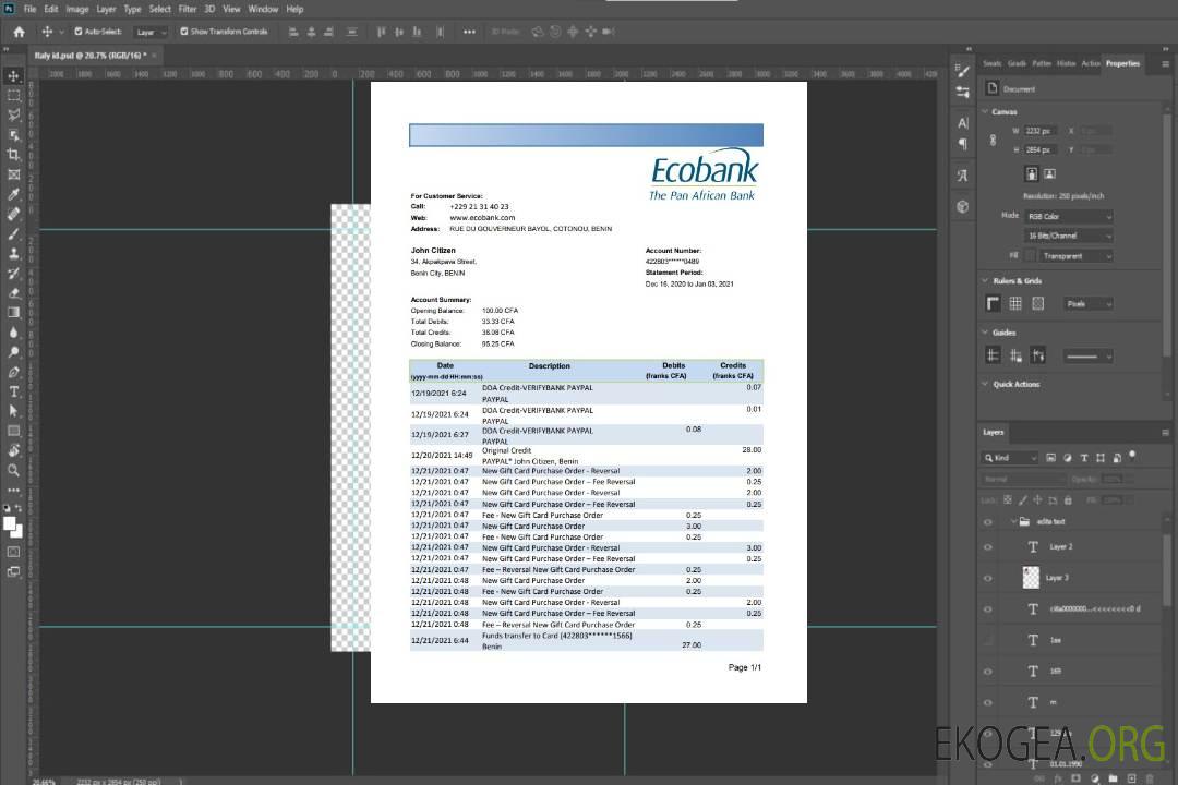 Modèle de relevé bancaire Ecobank du Bénin facile à remplir au format de fichier .xls et .pdf template